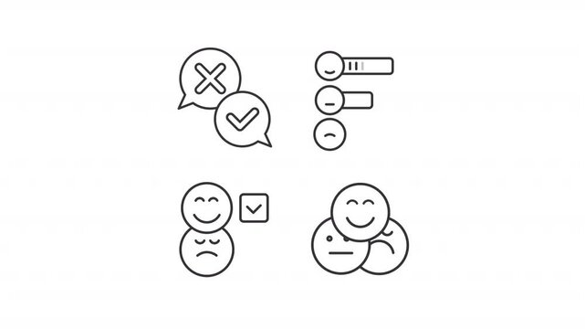 Animated survey response validation line icons. Feedback analytics animation set. Customer experience research. Commerce. Outline elements on white background. HD video with alpha channel