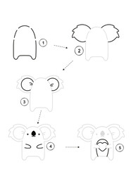 Obraz premium Step by step drawing guide for kids activity to create a koala illustration on transparent background