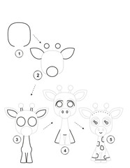 Fototapeta premium Step-by-step drawing guide for kids activity on how to draw a giraffe, isolated on transparent background
