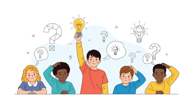 Diverse group of children looks puzzled with question marks above them while one boy holds a bright glowing lightbulb.