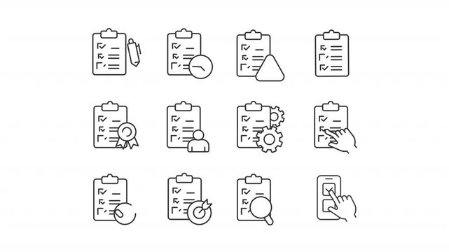 Animated checklists and surveys line icons. Performance review animation set. Quality control. Customer feedbacks. Management. Outline elements on white background. HD video with alpha channel