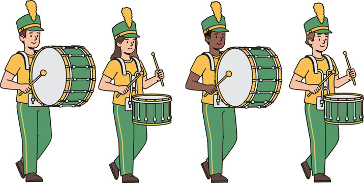 Diverse marching band drummers playing bass and snare drums in green and yellow uniforms, isolated cartoon characters for parade celebration.