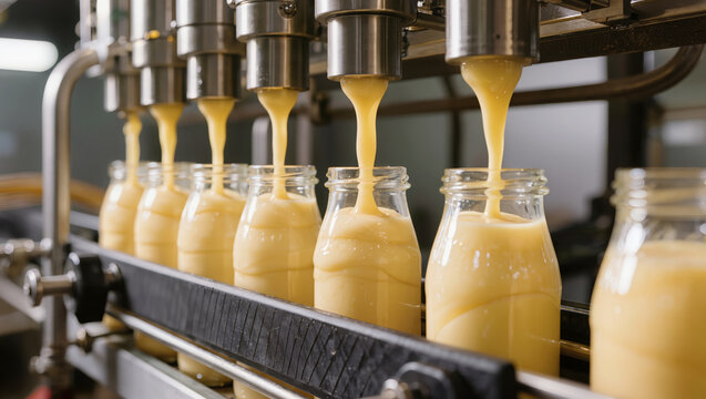 Automated line filling glass bottles with thick mayonnaise sauce. Multiple nozzles dispense product on conveyor, showing food processing, packaging, mass production technology