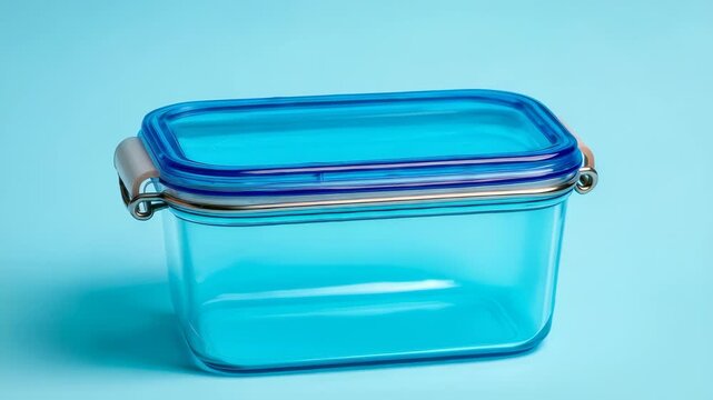 Rectangular transparent blue plastic food storage container with a secure lid placed on a light blue background. Ideal for meal prep, leftovers, and kitchen organization