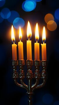 photograph of Hanukkah menorah candles half-lit, shallow depth, warm bokeh background white background