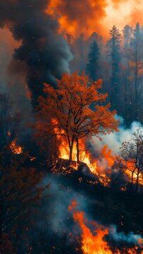 Forest Wildfire Burning Trees with Flames and Smoke Environmental Disaster