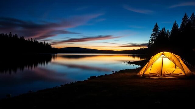 A serene lakeside campsite at dusk with a warmly lit tent
