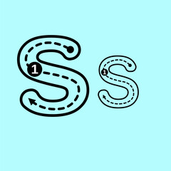 Fototapeta premium Educational alphabet tracing guide for uppercase and lowercase letter S. Designed with instructional arrows and curved dashed paths to help kids master the complex shape of the letter S in handwriting