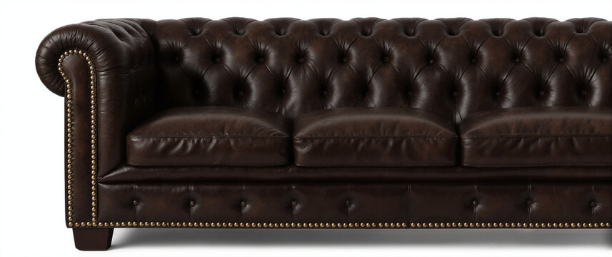 A brown leather sofa with tufted back and nailhead trim