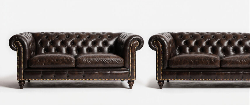 A brown leather sofa with tufted back and nailhead trim