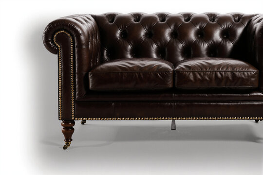 A brown leather sofa with tufted back and nailhead trim