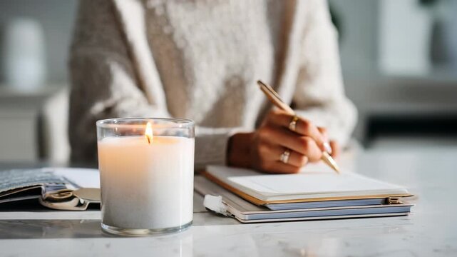 A cozy scene featuring a lit candle on a marble table with a person writing in a notebook in the background. Warm natural light creates a calm and inviting atmosphere