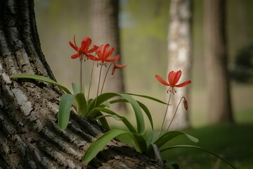 Obraz premium Radiant red woodland flowers flourish beautifully on a sturdy tree trunk in a tranquil forest setting