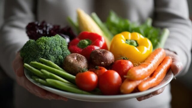 A Feast of Freshness: Close-up shot showcases a plate overflowing with vibrant, colorful vegetables, highlighting the beauty and bounty of natural produce. Focus on a well-balanced, wholesome.