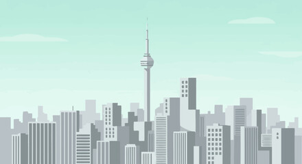 Obraz premium Modern city skyline with tall buildings and a central tower under a pale sky.