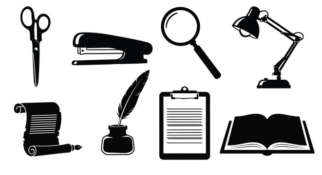 Stationery and office supplies in a black and white illustrative arrangement