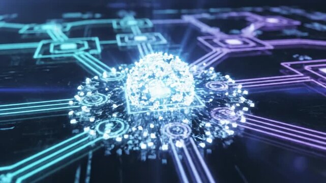 Technology AI agent workflow automation diagram with digital process flow chart and futuristic interface scene 1 distortion, overlay, glitch, static noise, scan lines on black background, 4k animated