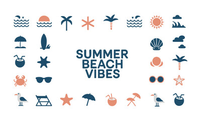 Obraz premium Tropical beach doodle vector set with waves palm trees surfboards and summer elements isolated on white background.
