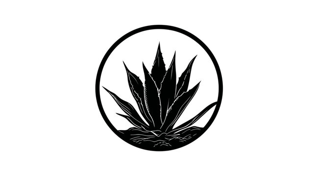 Black and white illustration of an agave plant inside a circle. It is a graphic design