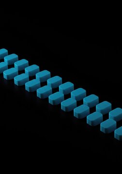 Abstract minimalist pattern of identical geometric elements arranged in precise, rhythmic synchronicity against a plain background, simultaneous, ordered, background