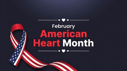 Obraz premium Patriotic american heart month banner for february with an american flag ribbon on black background.