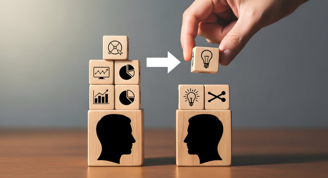 Wooden blocks with human silhouettes and interchangeable icons on top