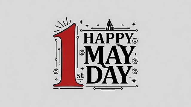 Happy may day greeting card with a large red number one and industrial gear icons