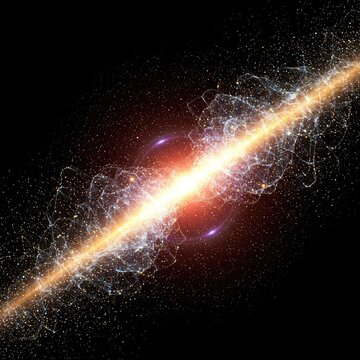 Abstract quantum energy field simulation with glowing subatomic particles and ethereal light, space, technology, background