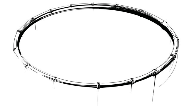 A monochrome illustration of a curved bamboo structure forming a circle, suggestive of a design element