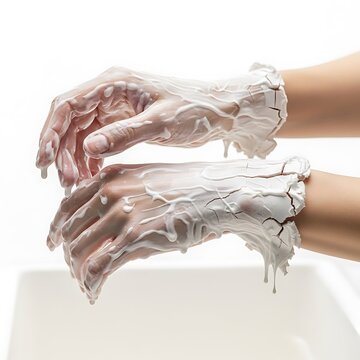 Close-up of paraffin wax treatment on hands for spa and beauty therapy on white background