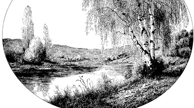 A black and white nature illustration with a river, trees, and tall plants. Presented in a circle