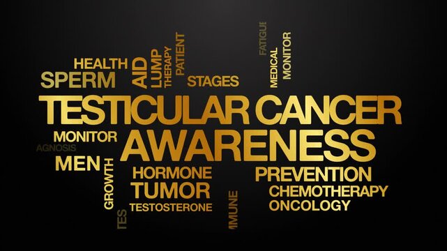 Testicular cancer awareness concept Animated Tag Word Cloud kinetic typography, Text Design Animation typography seamless loop video motion graphics Intro Wordart golden type on black background backd