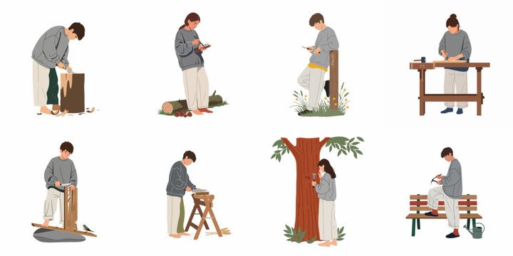 A collection of flat vector illustrations depicting people engaged in various woodworking and wood carving activities outdoors and at a workbench.