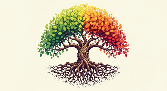 Stylized Tree of Life with Twisted Trunk and Seasonal Gradient Foliage Representing Growth and Change