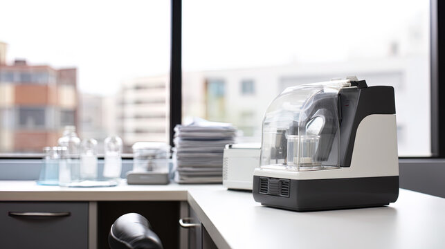 Pulmonologist's office with a modern spirometer on counter, natural light, clinical setting. STEM education sheets.