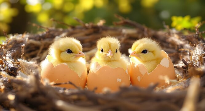 Primavera e rinascita della natura: pulcini appena usciti dall'uovo