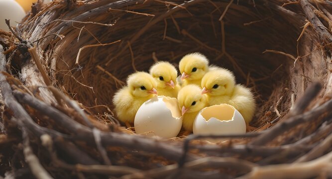 Primavera e rinascita della natura: pulcini appena usciti dall'uovo