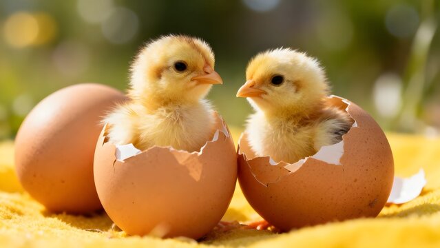 Primavera e rinascita della natura: pulcini appena usciti dall'uovo