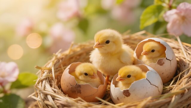 Primavera e rinascita della natura: pulcini appena usciti dall'uovo