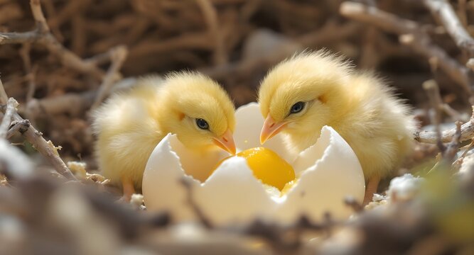 Primavera e rinascita della natura: pulcini appena usciti dall'uovo