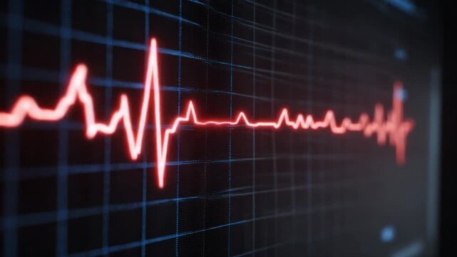 Rhythm of Life: A striking close-up of a vibrant red electrocardiogram (ECG) monitor displaying the rhythmic undulations of a heartbeat, set against a dark background, evoking themes of health.