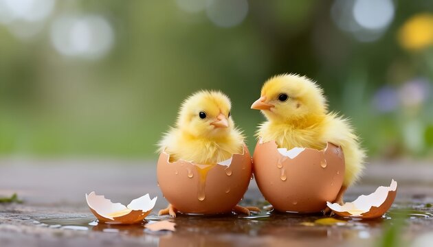 Primavera e rinascita della natura: pulcini appena usciti dall'uovo
