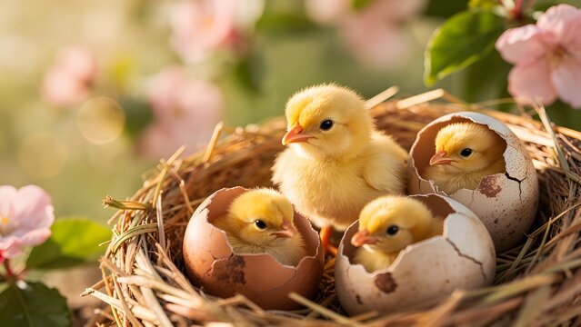 Primavera e rinascita della natura: pulcini appena usciti dall'uovo