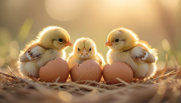 Primavera e rinascita della natura: pulcini appena usciti dall'uovo