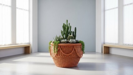Fototapeta premium A large cactus and succulent arrangement in a woven basket on a white floor