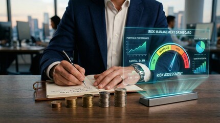Risk management and finance investment business protection with fintech digital dashboard showing assessment data analytics for professional financial strategy planning and capital growth success