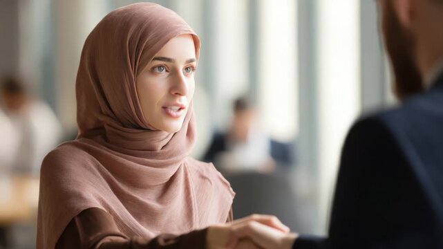Elegant Dialogue: A poised woman in a hijab engages in a professional interaction, her expression reflecting thoughtful communication and respect.