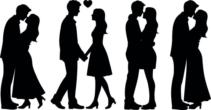 Couples in various romantic and affectionate poses silhouette style