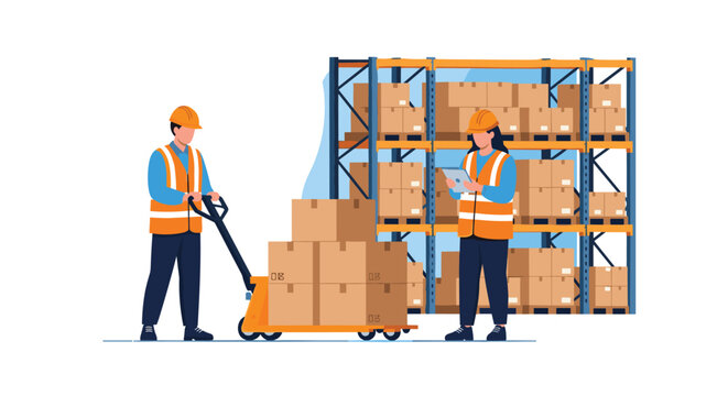 Professional warehouse employees wearing safety gear moving stacked cardboard boxes with a pallet jack in a large distribution center.