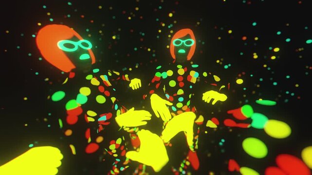 4K seamless VJ loop with four dancing figures in star-patterned bodysuits and glowing helmets for VJ sets, high-tech club visuals, electronic music festivals, stage screens and for LED video walls